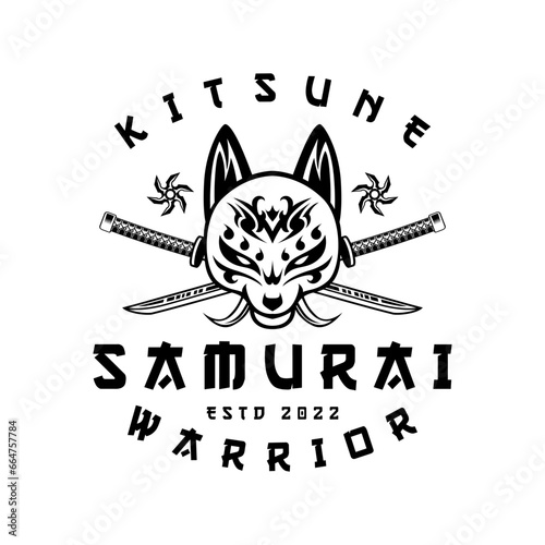 Kitsune and cross Katana samurai Shuriken Head japanesee Wolf Logo in vintage style black and white vector illustration photo