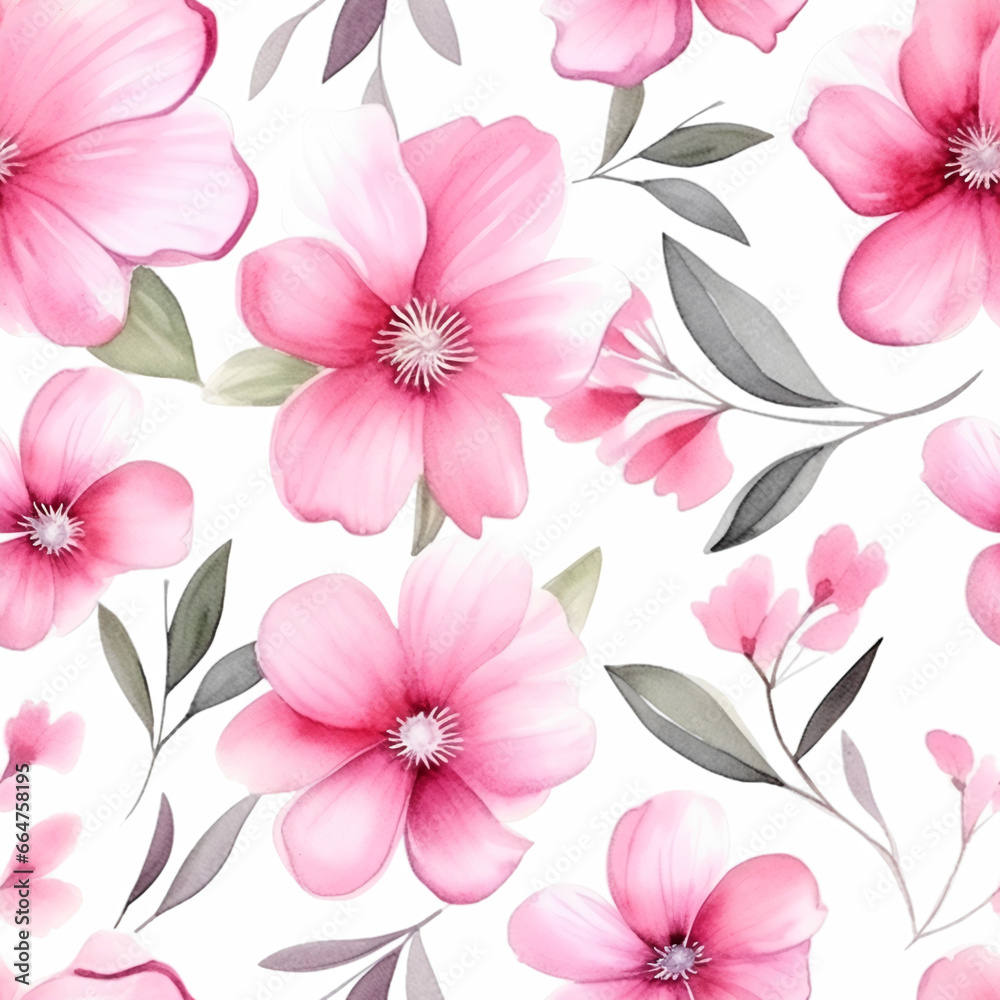 Watercolor seamless pattern of pink flowers. Background, fabric, packaging, wrapper, digital paper