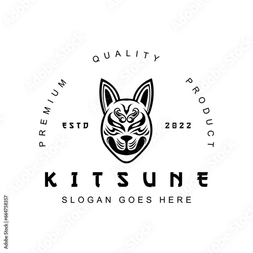 Kitsune Head japanesee Wolf Logo in vintage style black and white vector illustration photo