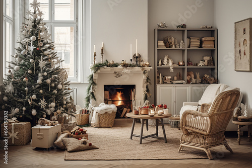 living room interior with a large Christmas tree, garland, gifts, fireplace, decorations, candles, wooden chair, white walls, modern classic design, beige, neutral, natural tones
