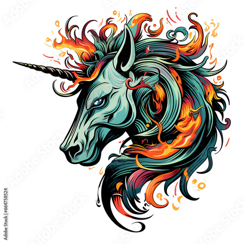 unicorn head tshirt tattoo design dark art illustration isolated on white