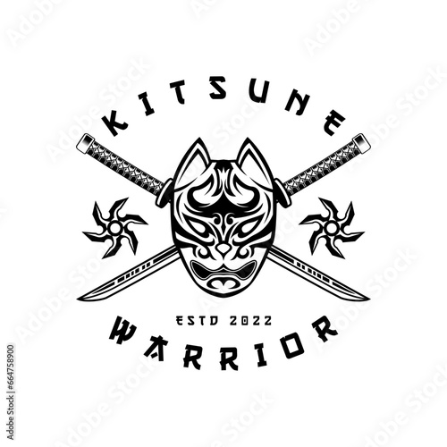Kitsune with cross katana japanesee Wolf Logo in vintage style black and white vector illustration photo
