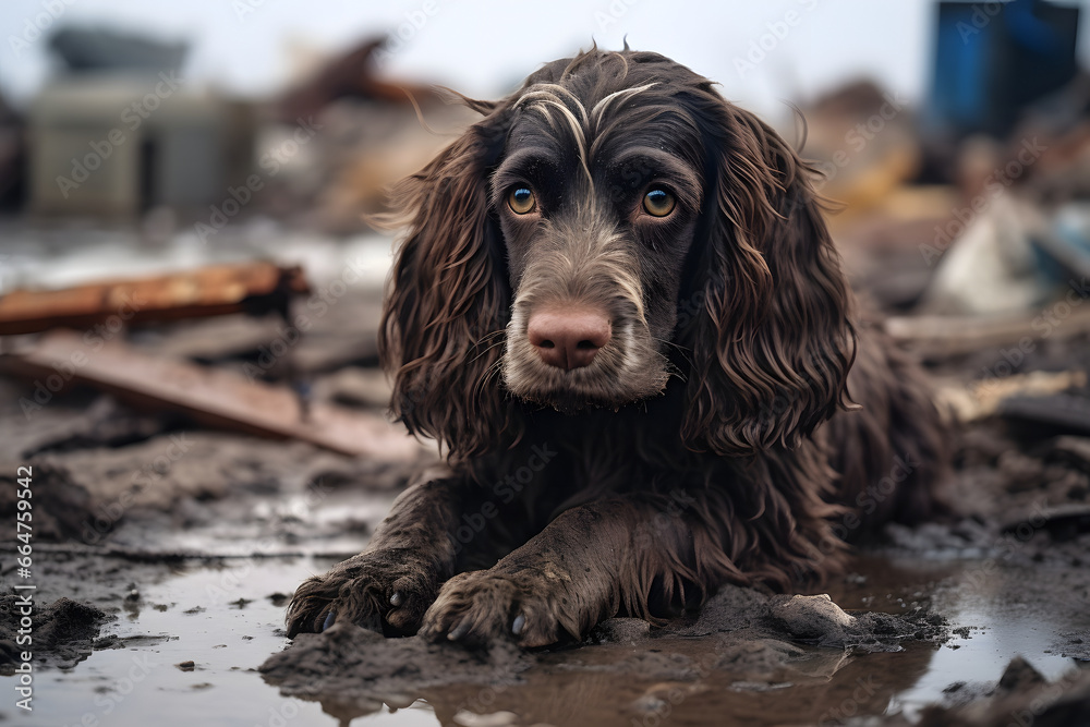 Alone wet and dirty English Cocker Spaniel after disaster on the background of house rubble. Neural network generated image. Not based on any actual scene or pattern. Alone wet and dirty English Cocker Spaniel after disaster on the background of house rubble. Neural network generated image. Not based on any actual scene or pattern.