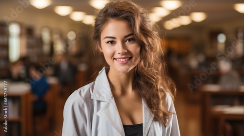 Beautiful female medical doctor smiling while standing in library.