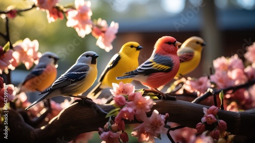 Group of variety of colorful avian on tree.