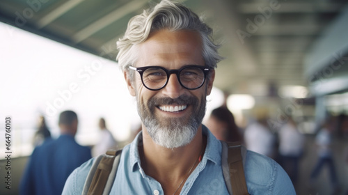Cropped closeup portrait of caucasian mature middle-aged man looking at camera and smiling with people crowd on background © PaulShlykov