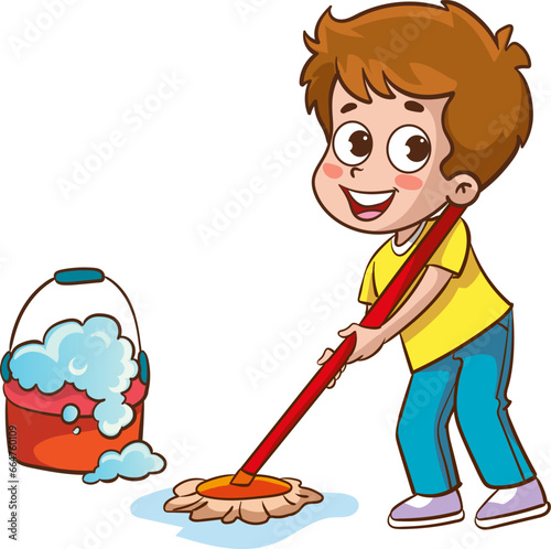 Happy little boy holding mop and bucket cleaning floor doing housework chore