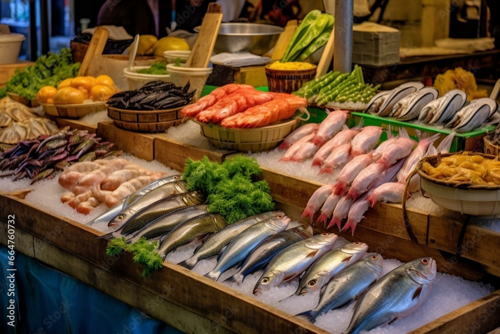 Market stall showcasing fresh fish, emphasizing seafood and local produce. Generative AI