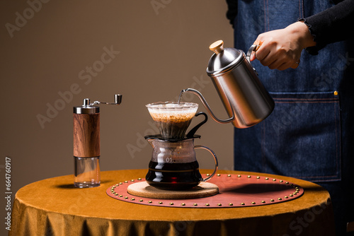 Photos pour over coffee,hand brewed coffee or Dripping Coffee,Coffee set, glass percola