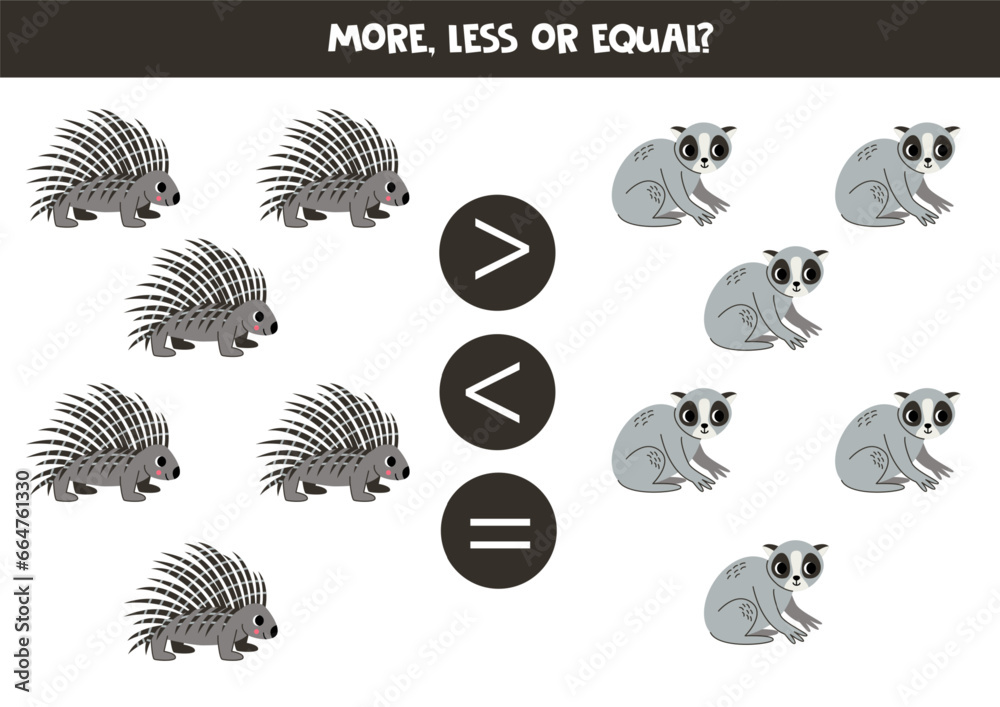 Grater, less or equal with cartoon slow lori and porcupine. Grater, less or equal with cartoon slow lori and porcupine.