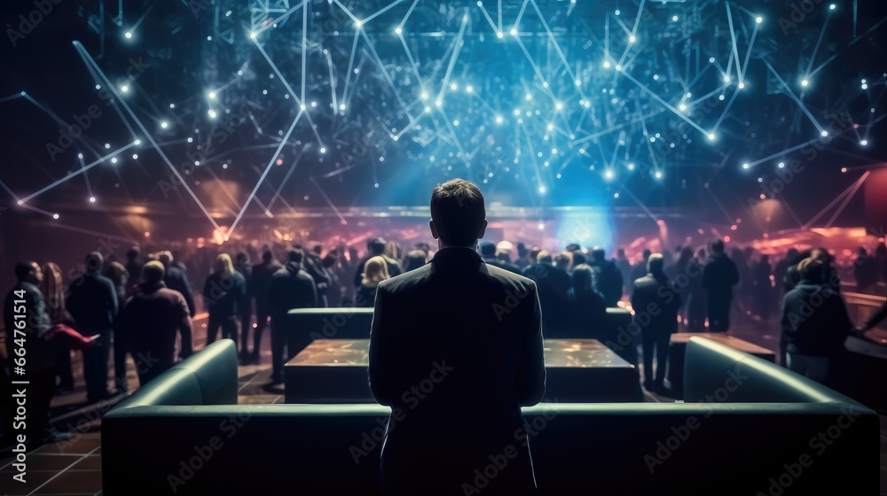 Businessman participating in a blockchain conference in a virtual event space, back view.