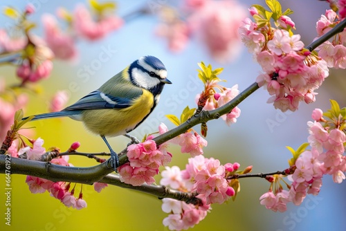 A Bluetit bird resting on the branch of a tree. © RABEYAAKTER