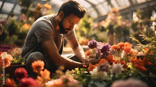 Man gardener meticulously arranging flowers in a botanical garden. © visoot
