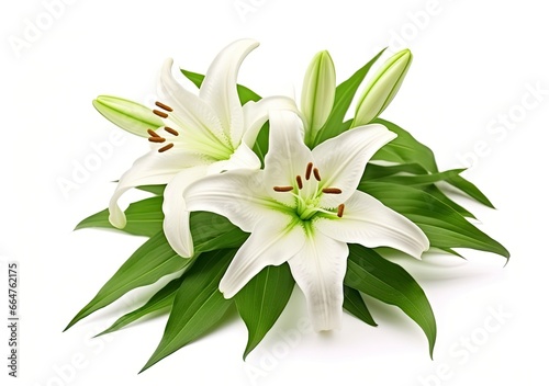 Beautiful fresh lily flower with green leaves, isolated on white background. © RABEYAAKTER