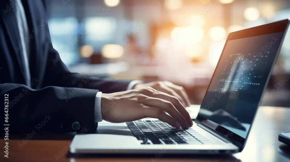 Businessman typing hologram screen. technology virtual screen laptop, document, cloud office storage. Businessman typing hologram screen. technology virtual screen laptop, document, cloud office storage.