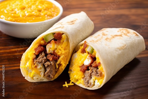 Breakfast burrito with sausage, eggs, hashbrown and cheese. AI Generated