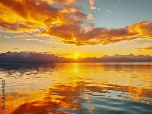 Bright sunset over Lake golden clouds reflect in the water. © RABEYAAKTER