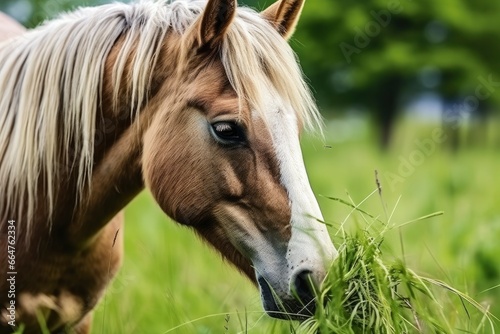 Brown horse with blond hair eats grass on a green meadow detail from the head.