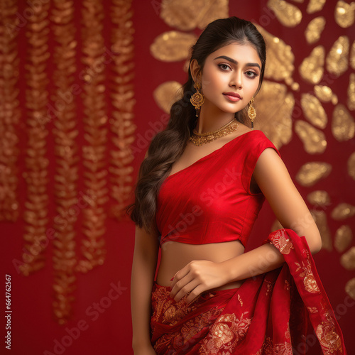 Young indian woman in traditional red saree.