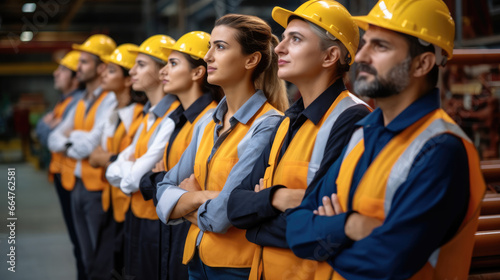 Confident lineup of factory worker, Engineer, Manager and foreman stand on-site within heavy industrial manufacturing factory.