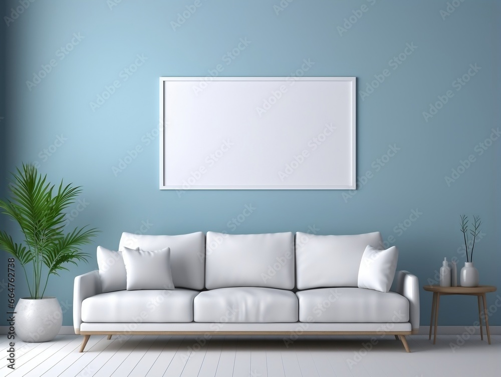 White frame mockup on a blue wall with White couch generative ai White frame mockup on a blue wall with White couch generative ai