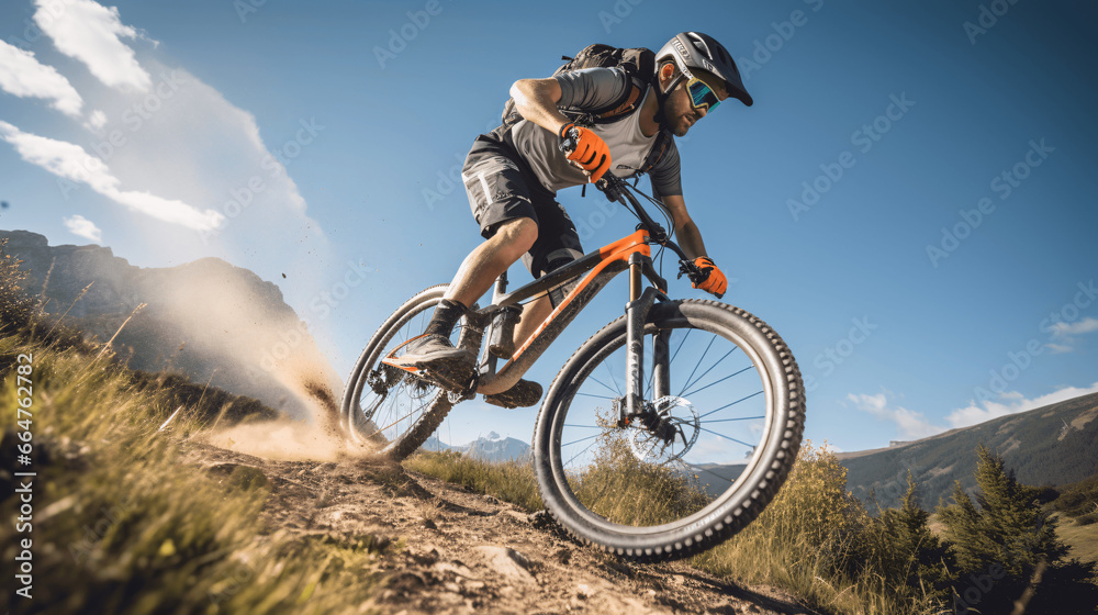 Cyclist Riding the Mountain Bike on a Rocky Trail. Extreme Sport Concept. Cyclist Riding the Mountain Bike on a Rocky Trail. Extreme Sport Concept.