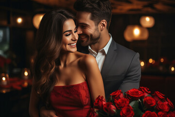 Happy young couple in love, celebrating birthday, anniversary or valentine day.