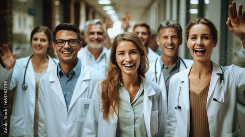 Group of cheerful doctors celebrating their success in a hospital.