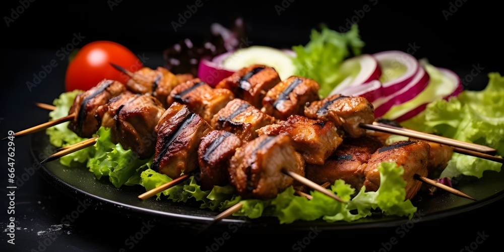 Chicken skewers with  vegetables on a black surface  Delicious Chicken Skewers with Fresh Vegetables
