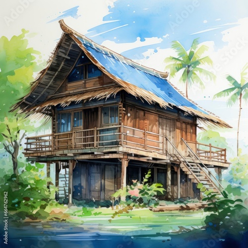 A watercolored bright serene image of a traditional bahay kubo. © RABEYAAKTER