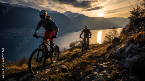 Silhouette of a cyclist at sunset on the background of a mountain lake