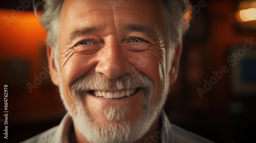 White teeth in an elderly man smile.