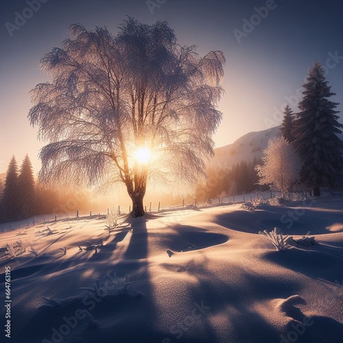 Winter Landschaft mit der Sonne hinter einem schönem Baum photo