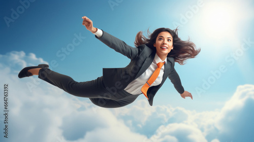 Young businesswoman or corporate employee flying photo