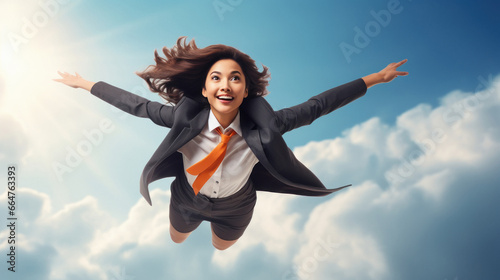 Young businesswoman or corporate employee flying