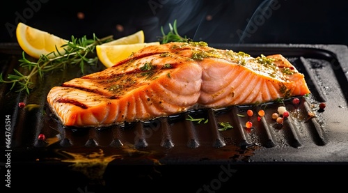 Gourmet cutlet of fresh salmon seasoned with herbs, spices, and lemon zest grilling on a griddle. © RABEYAAKTER