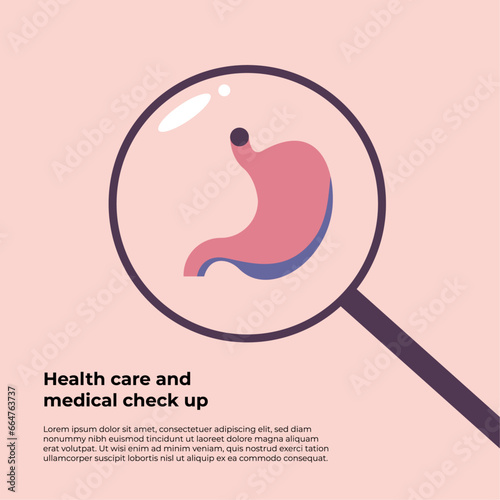 Medical Check Up. Magnifying glass through which the stomach are visible. Medical diagnosis of human. Flat vector banner illustration.