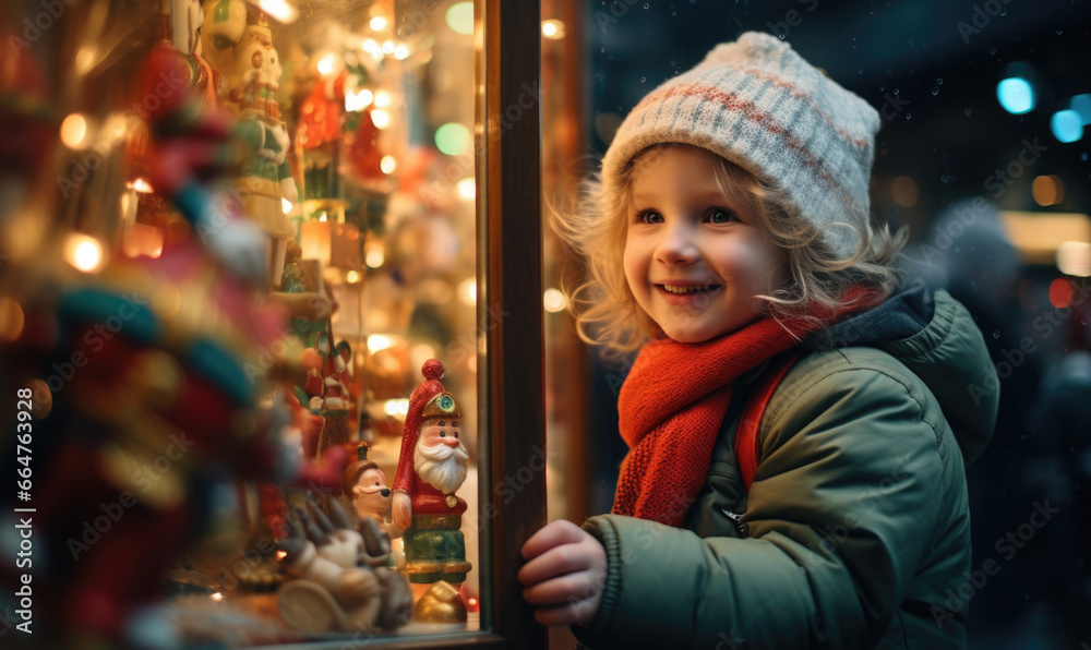 At Christmas time, a child peers through a toy store window, dreaming of the perfect present and gift At Christmas time, a child peers through a toy store window, dreaming of the perfect present and gift