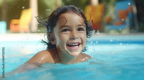Cute indian little girl swimming at swimming pool.