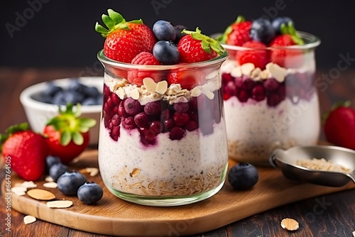 Mixed berries overnight oats with almond flakes in a glass jar, healthy breakfast.