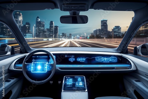 Modern smart car technology intelligent system using Heads up display (HUD) Autonomous self driving mode vehicle on city road with graphic sensor radar signal system intelligent car. © RABEYAAKTER