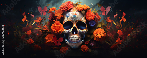 Skull with roses Human Skull in Beautiful Flowers Halloween images Day of the Dead Day of the Dead Celebrations: A Vibrant Cultural Tradition AI Generative 