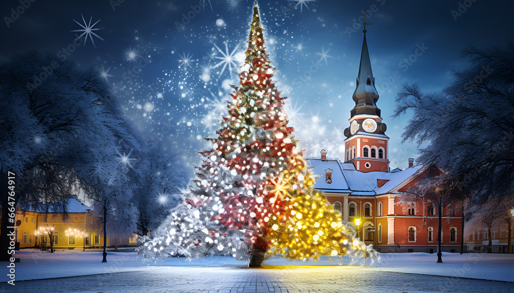 Christmas city and new year festive decoration green tree illuminated snowy old town AI Generative 
