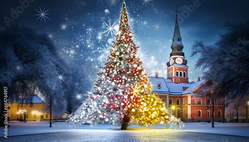 Christmas city and new year festive decoration green tree illuminated snowy old town AI Generative   ©  Eman 