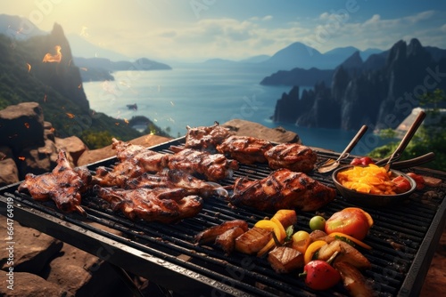 Top View of Barbecue BBQ Image for Menu and Restaurant Advertising, Assorted Delicious Grilled Meat, Family Party Celebration Time.