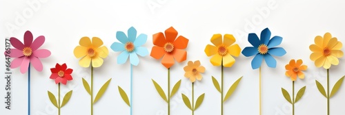 Horizontal Flowers Banner in Papercraft Style, Floral Background, Blooming Flowers and Leaves. #664765177
