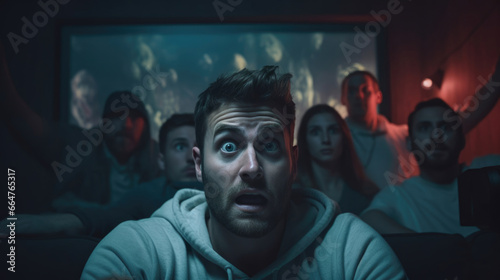 group of people watching scary movie