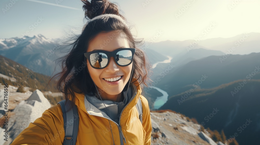 Portrait of Asian Female Hiker with Sunglasses Take a Selfie on Top of Mountain, Happy Traveller Woman Smiling and Looking at the Camera.