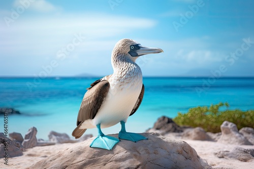 The rare blue-footed booby rests on the beach. © RABEYAAKTER