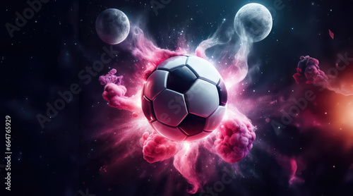 Soccer ball as a planet in space with pink smoke and explosions, dark background, sports, graphic arts, for banner, poster, flyer, football, goal, business concept, target, kick photo